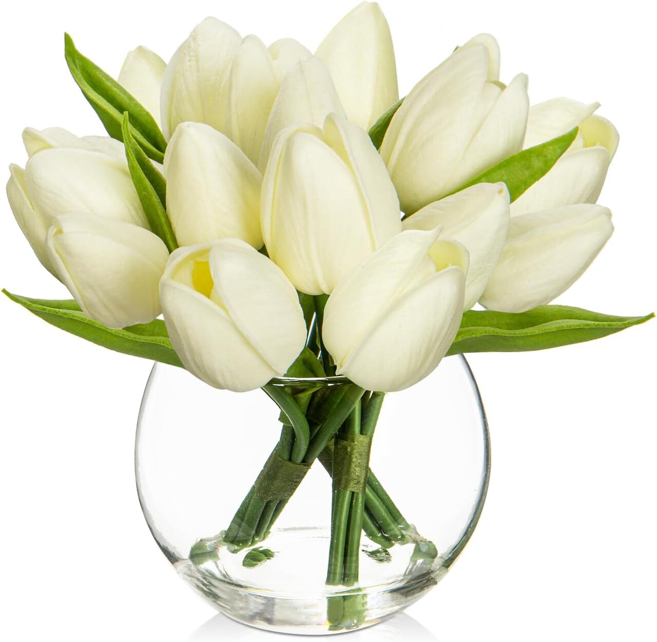 Artificial White Tulips in Vase with Faux Water 6" Real Touch Flowers Fake Tulips Small Flowers Arrangement in Round Glass Vase for Mother's Day Table Centerpiece Wedding Home Decor